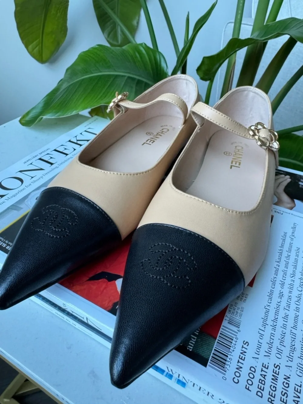 CHANEL Beige and Black Mary Jane Pointed Toe Pumps with Gold Camellia Strap - Picture 3 of 8